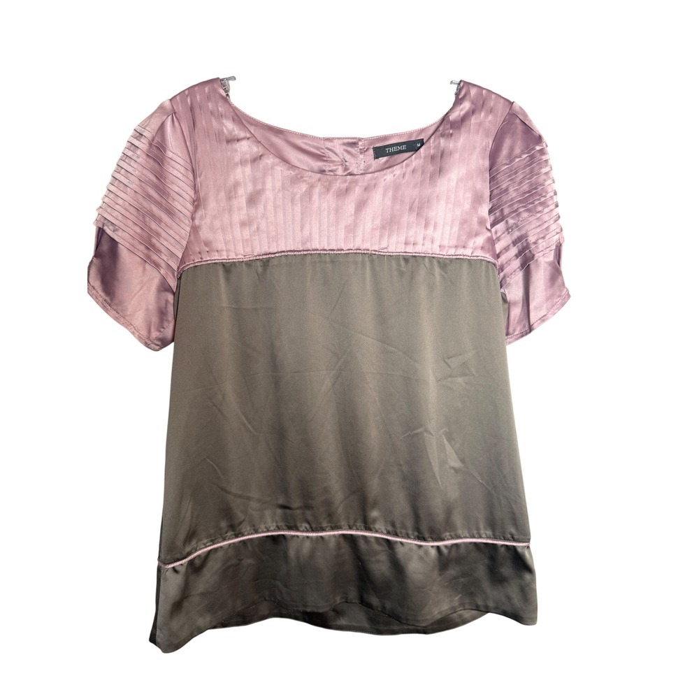 Theme Blouse Women Size M Pink Gray Polyester Satin Pleated Top TM1326
